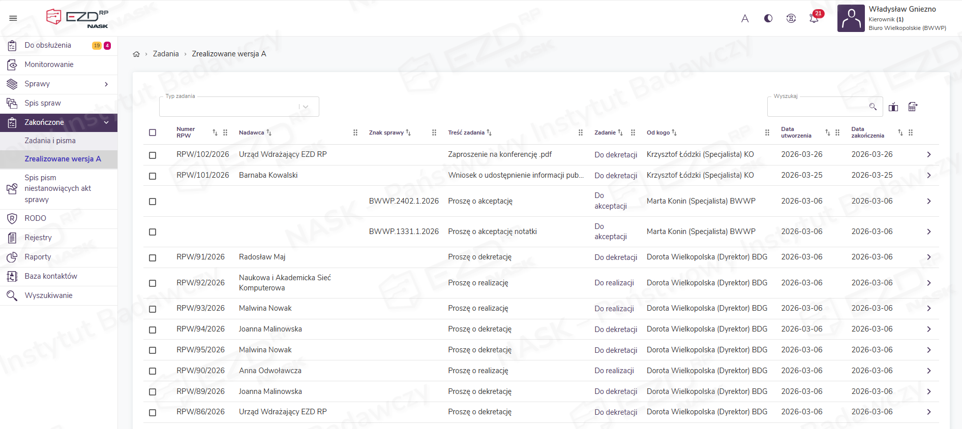 Moduł Zakończone ze wskazaniem Zrealizowane wersja A