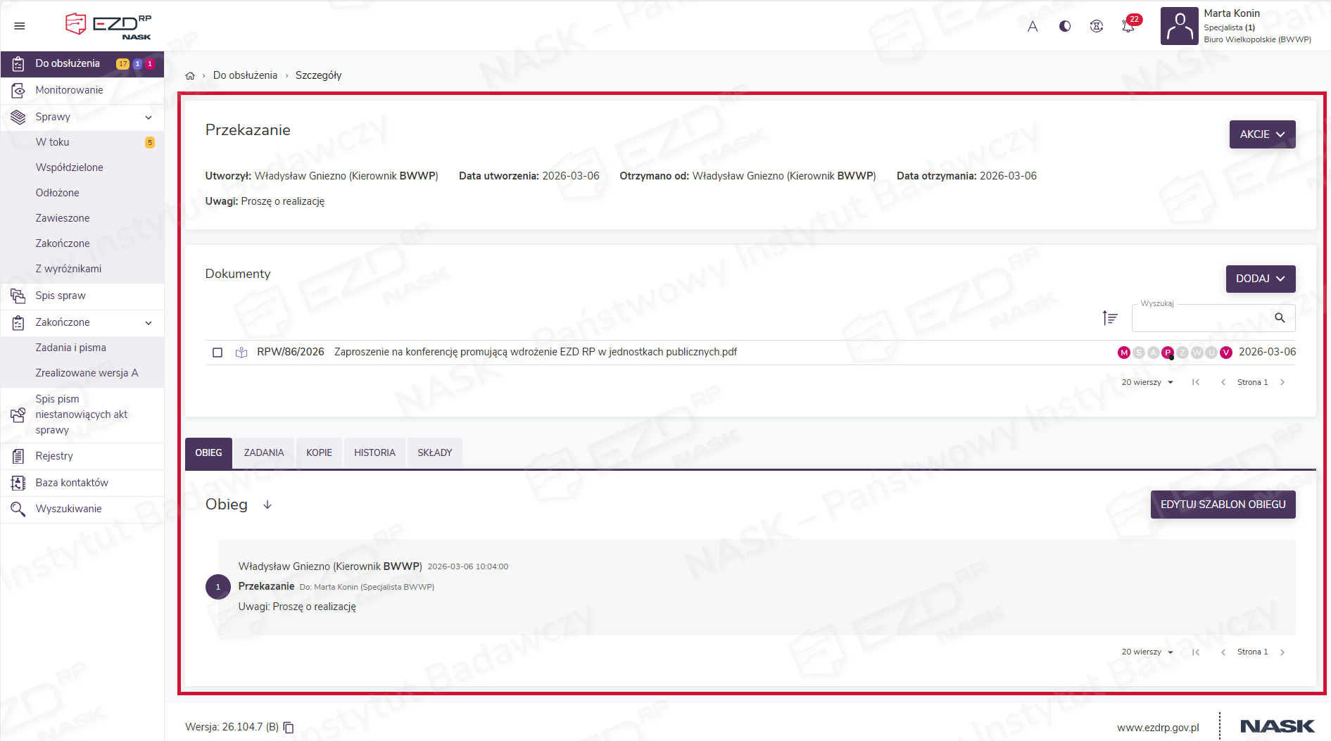 Do odsłużenia→Szczegóły→Przekazanie