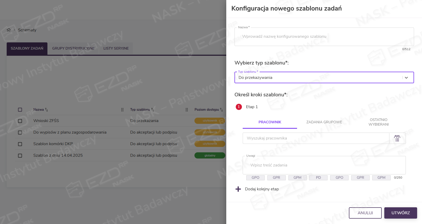 Okno Konfiguracja nowego szablonu zadań – Do przekazywania