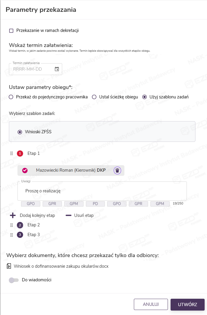 Okno Parametry przekazywania