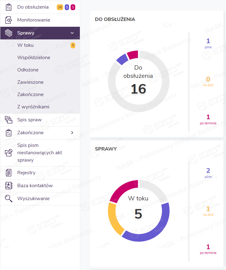 Moduł Sprawy z wyświetloną listą sekcji