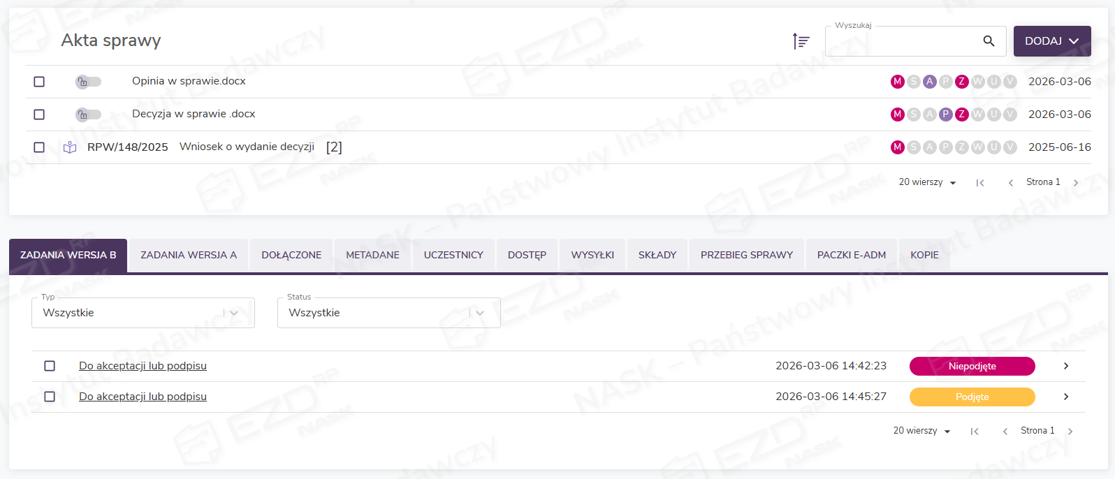 Szczegóły akt sprawy z uwzględnieniem zakładki Zadania wersja B