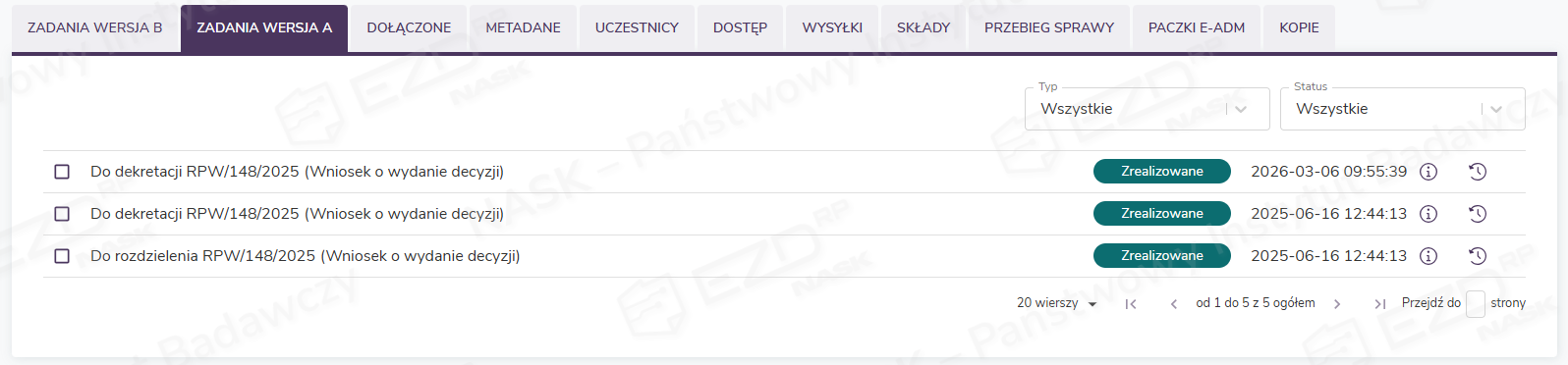 Zakładka Zadania wersja A w szczegółach sprawy