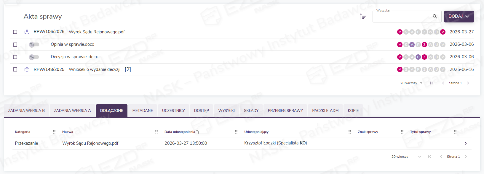 Szczegóły sprawy z uwzględnieniem zakładki Dołączone