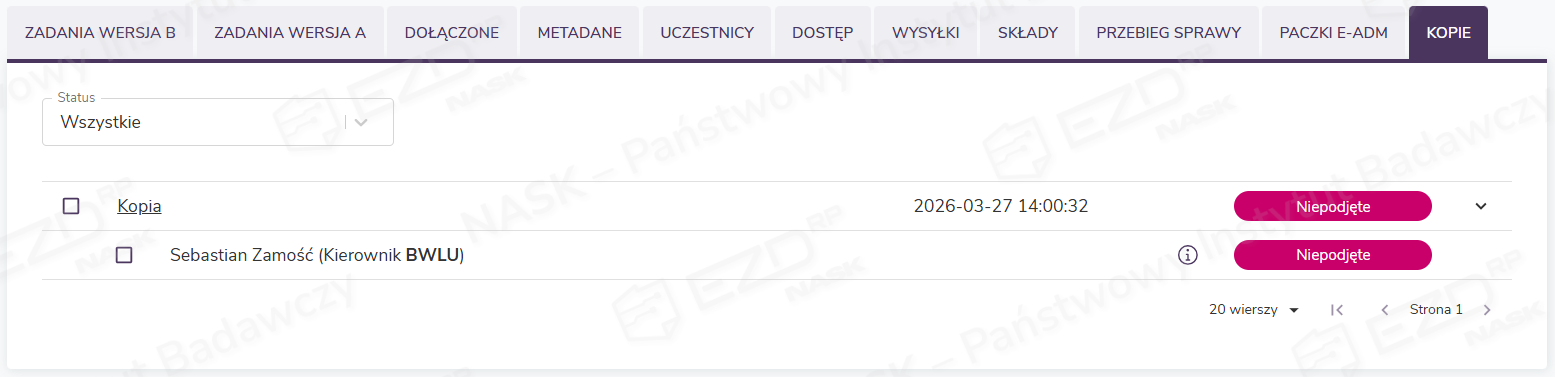 Zakładka Kopie w szczegółach sprawy