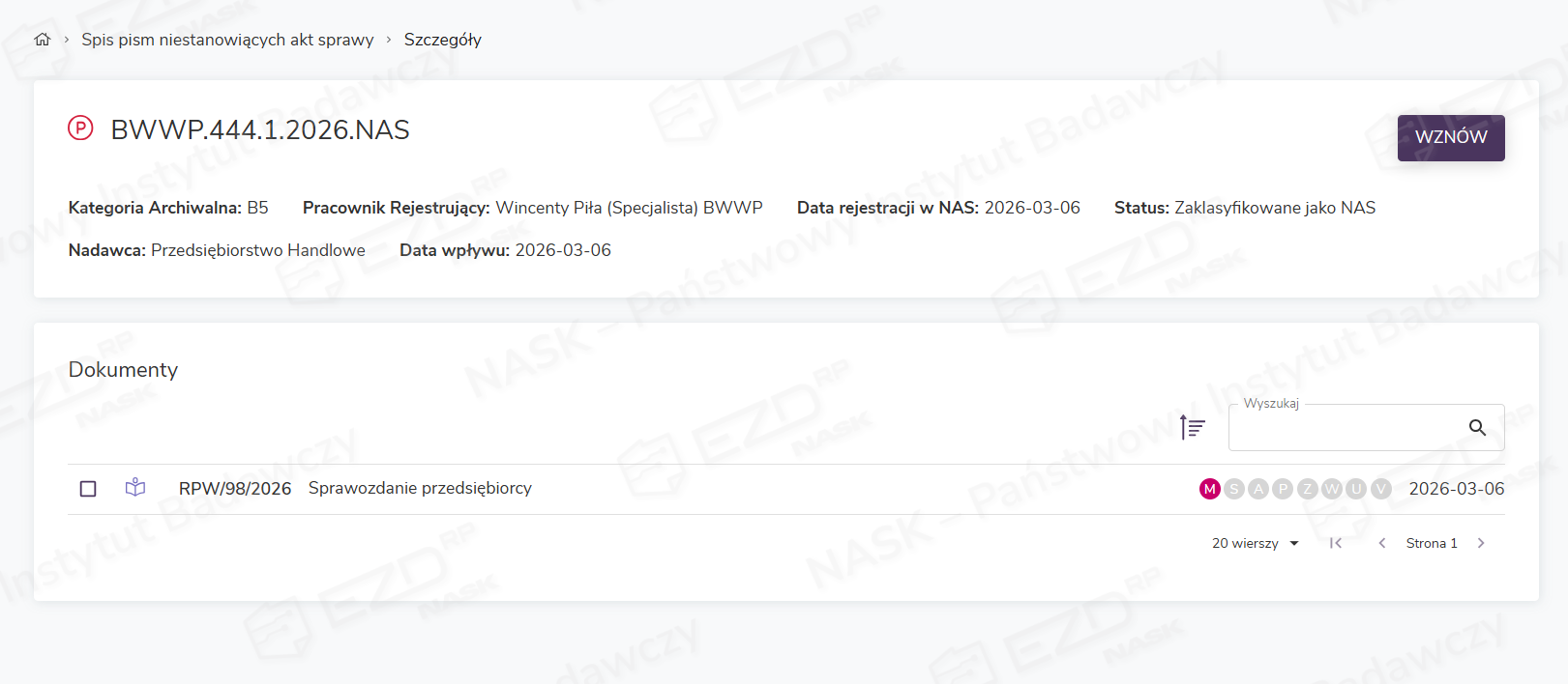 Spis pism niestanowiących akt sprawy→Szczegóły