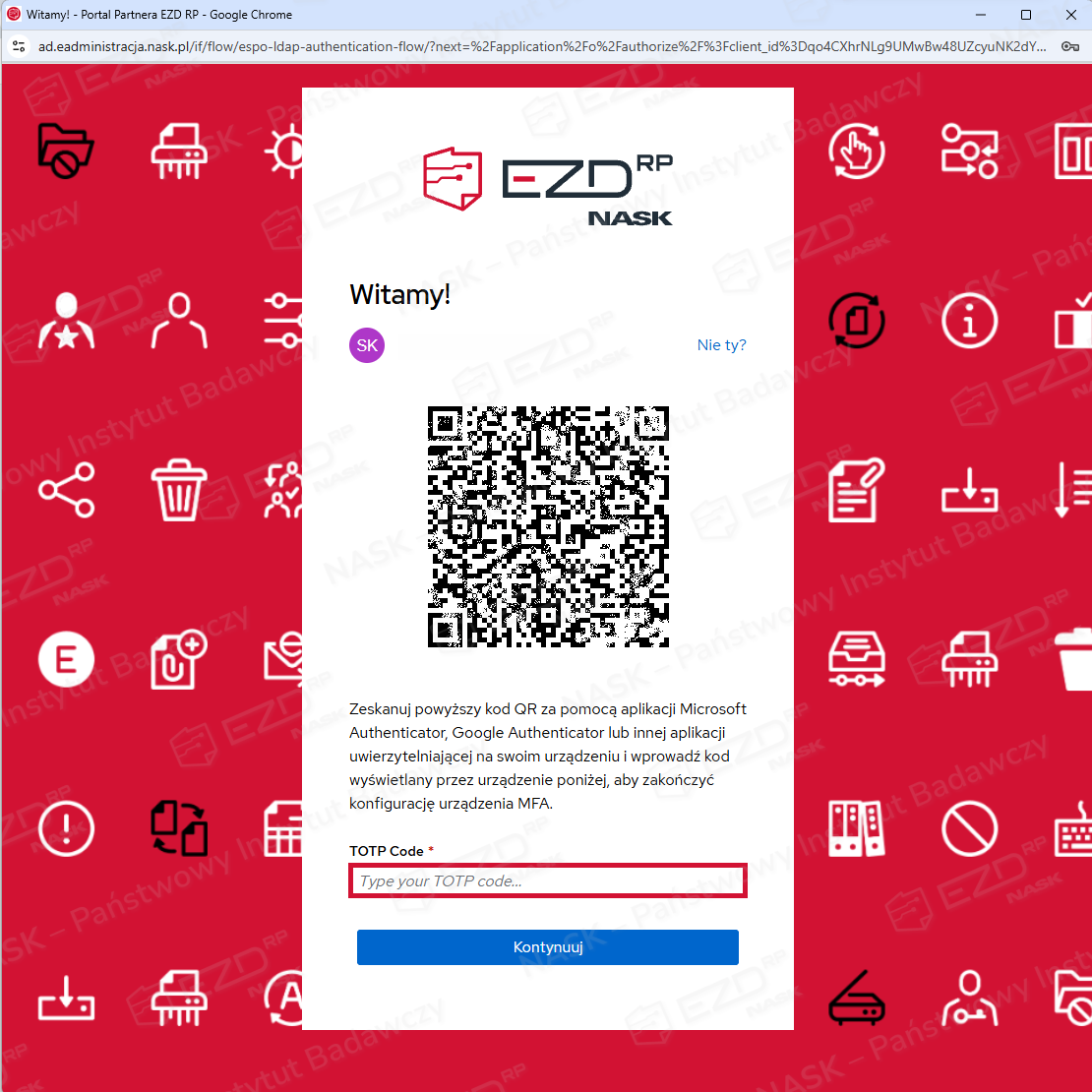 Panel logowania z kodem QR
