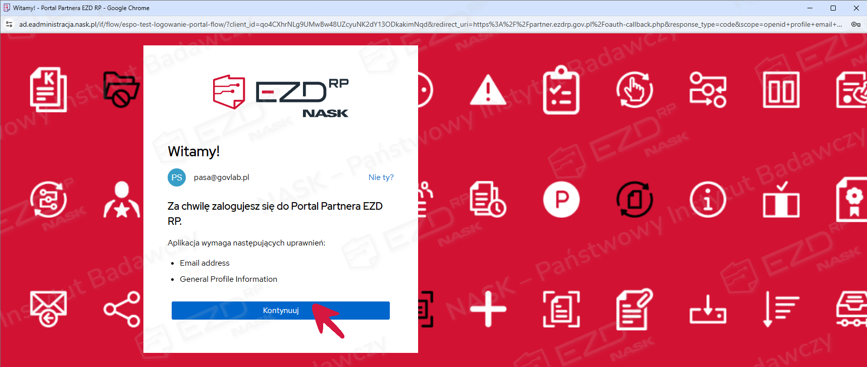 Panel logowania z potwierdzeniem udostępniania maila i danych profilu
