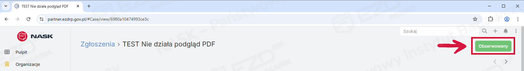 Widok modułu Zgłoszenia z zaznaczonym zielonym przyciskiem