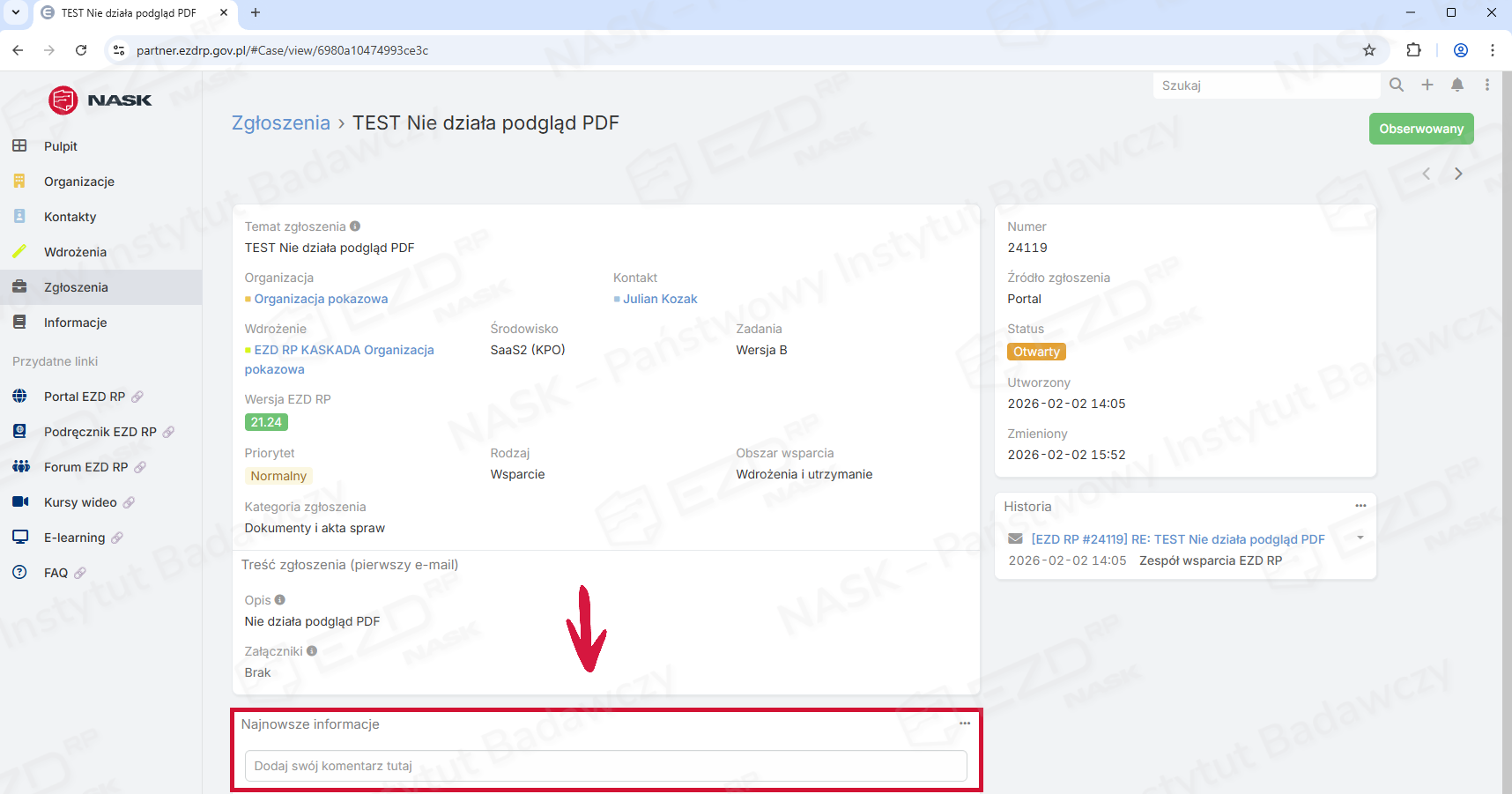 Widok modułu Zgłoszenia z zaznaczoną sekcją