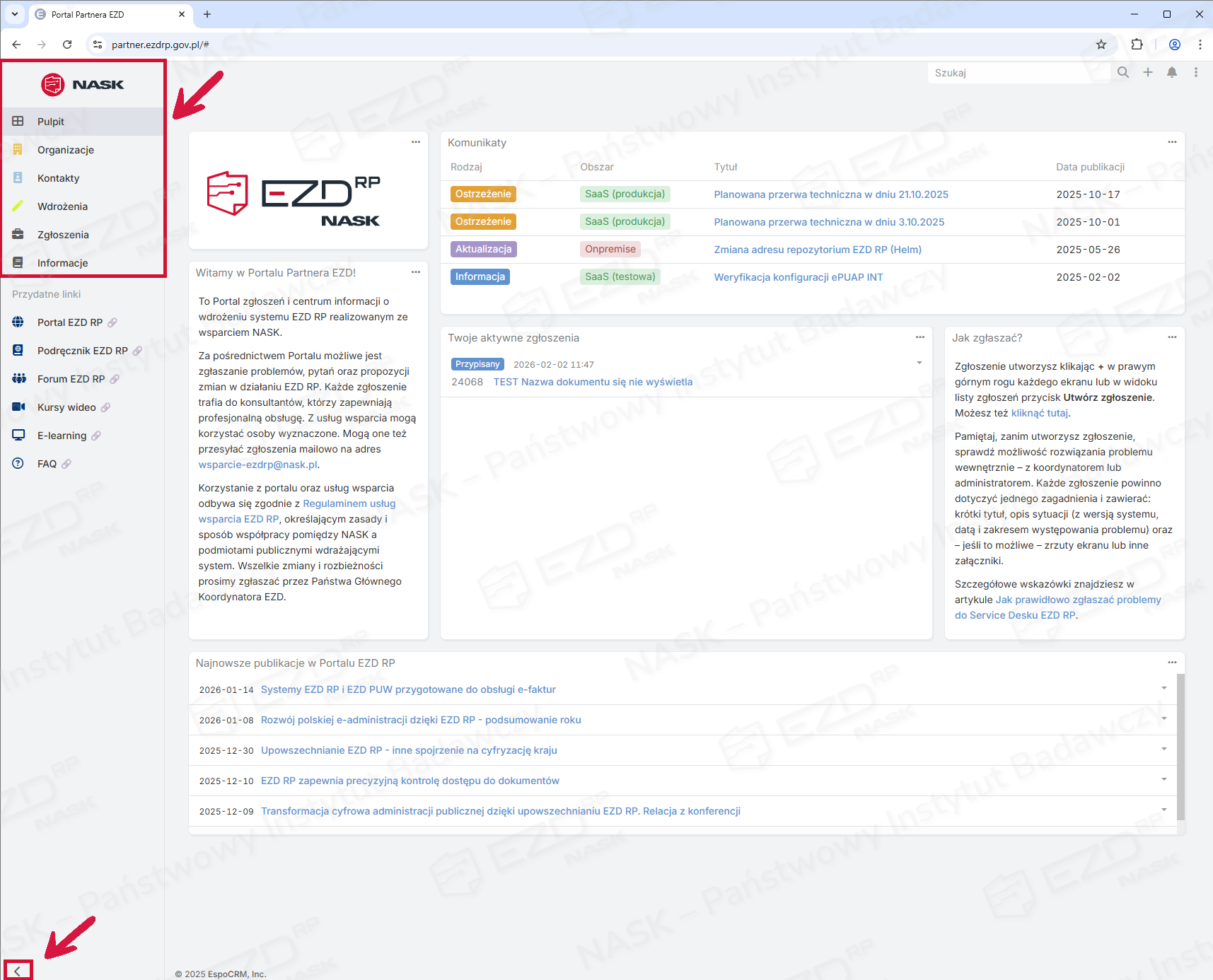 Widok Portalu zgłoszeń z zaznaczonym menu głównym