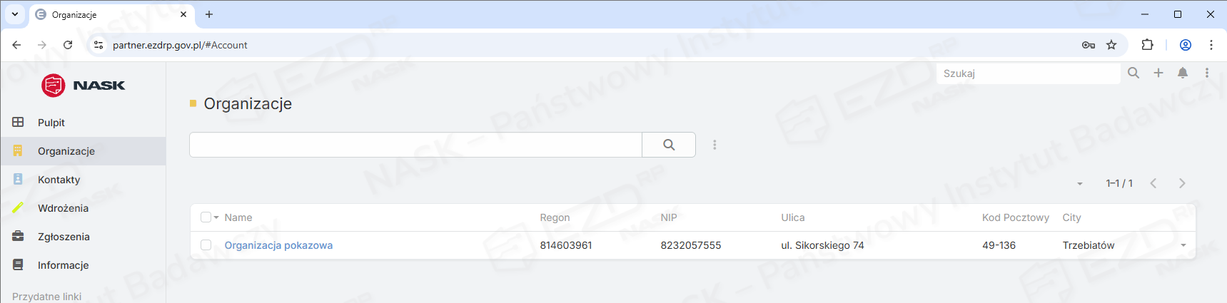 Widok po kliknięciu zakładki Organizacje