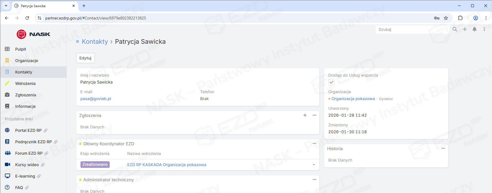 Pełny widok wybranego kontaktu