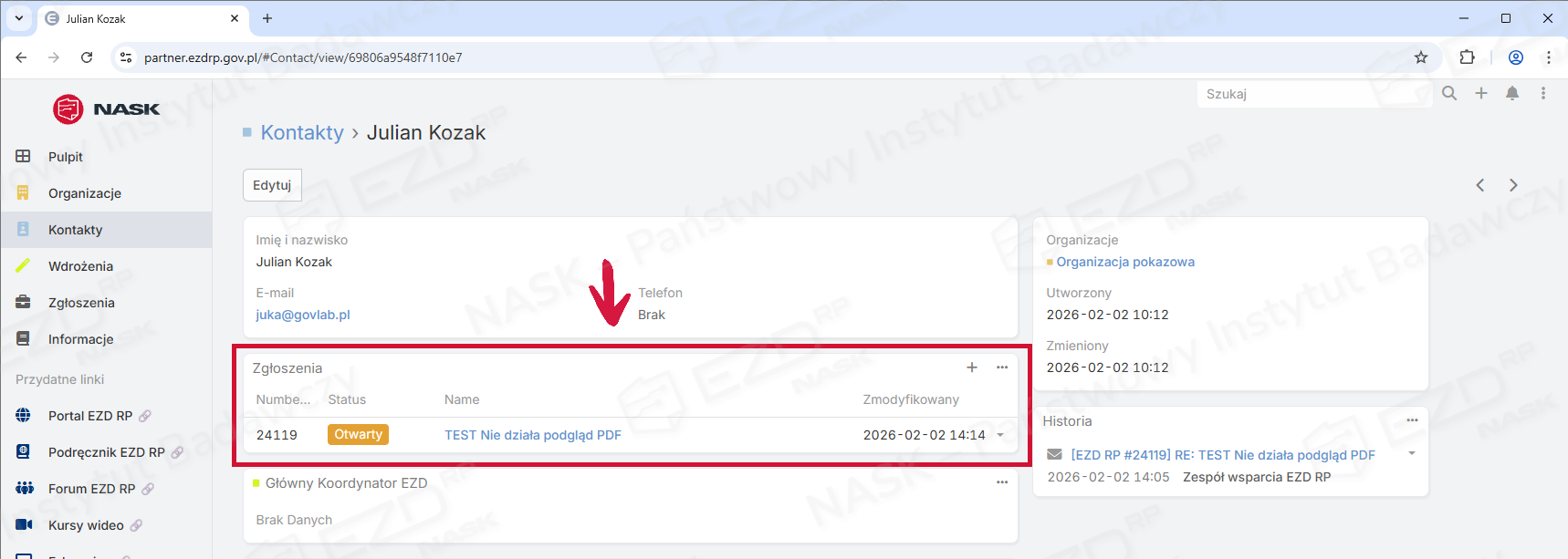 Zaznaczona sekcja zgłoszeń