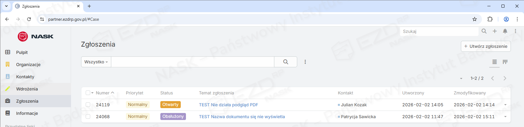 Widok po kliknięciu zak Zgłoszenia