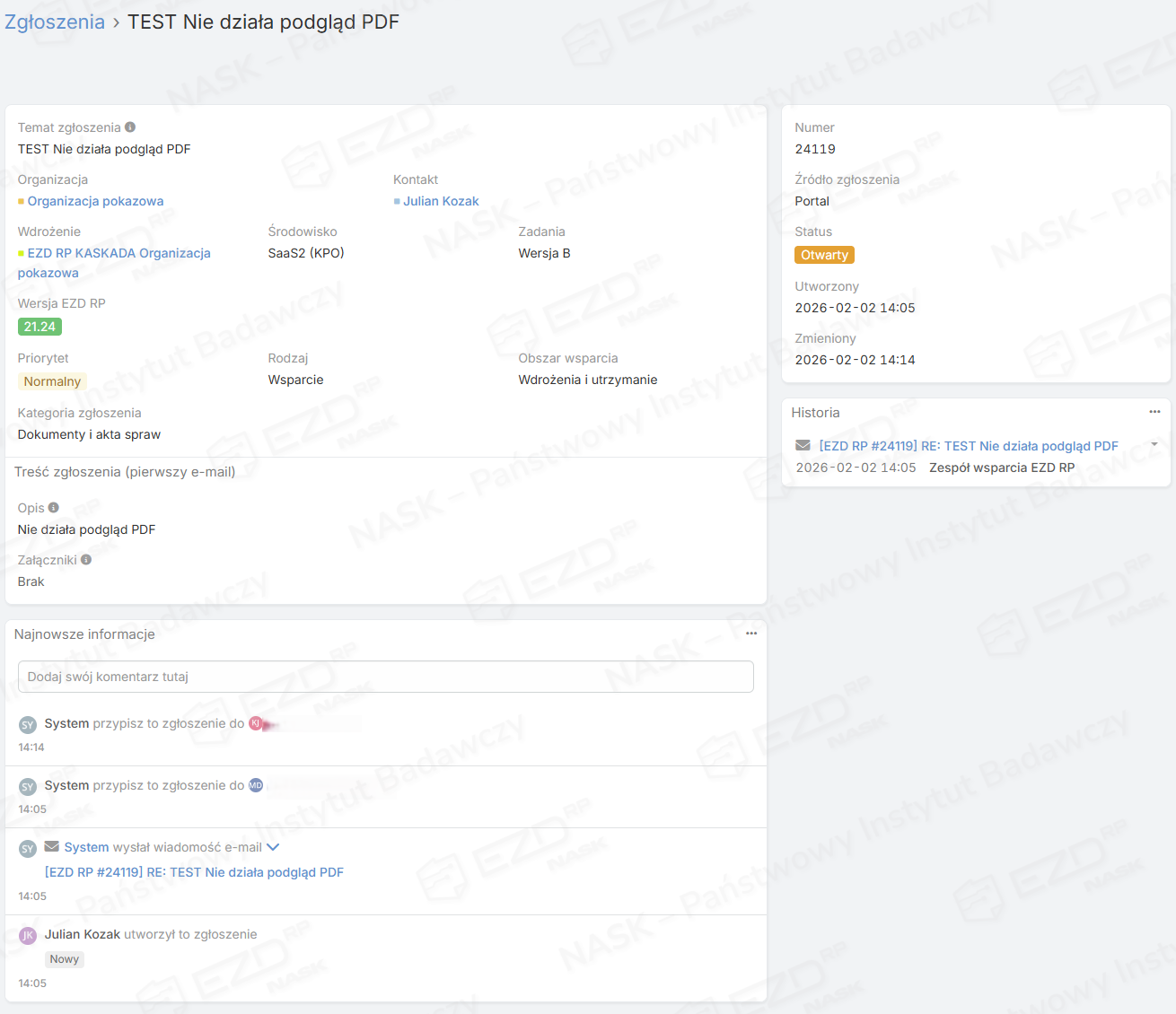 Szczegółowy widok zgłoszenia