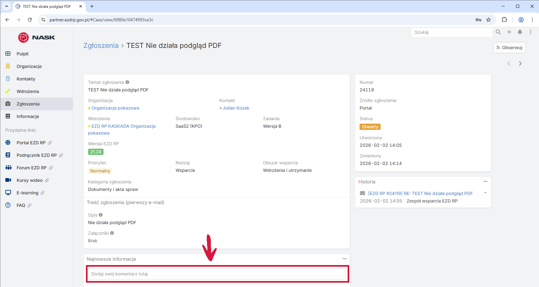 Zaznaczona sekcja dodawania komentarzy