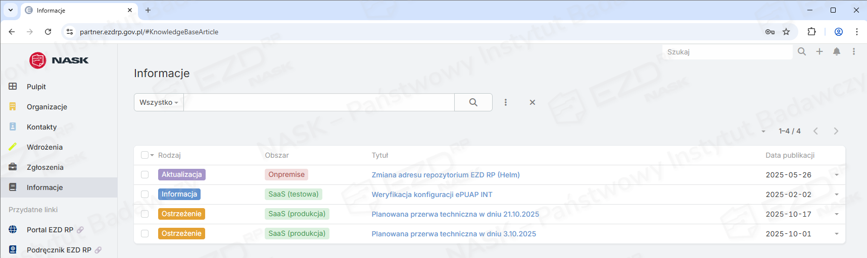 Widok po kliknięciu elementu Informacje