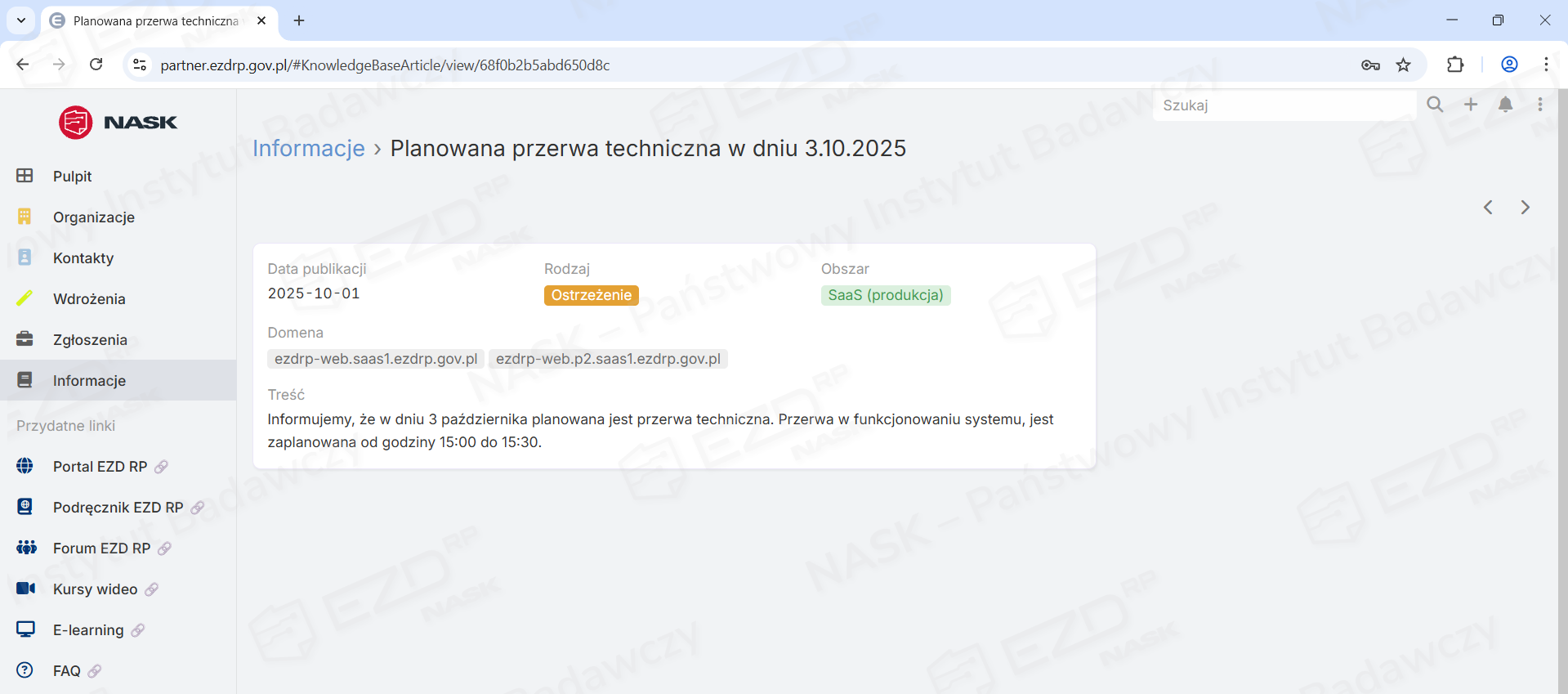 Szczegółowy widok komunikatu