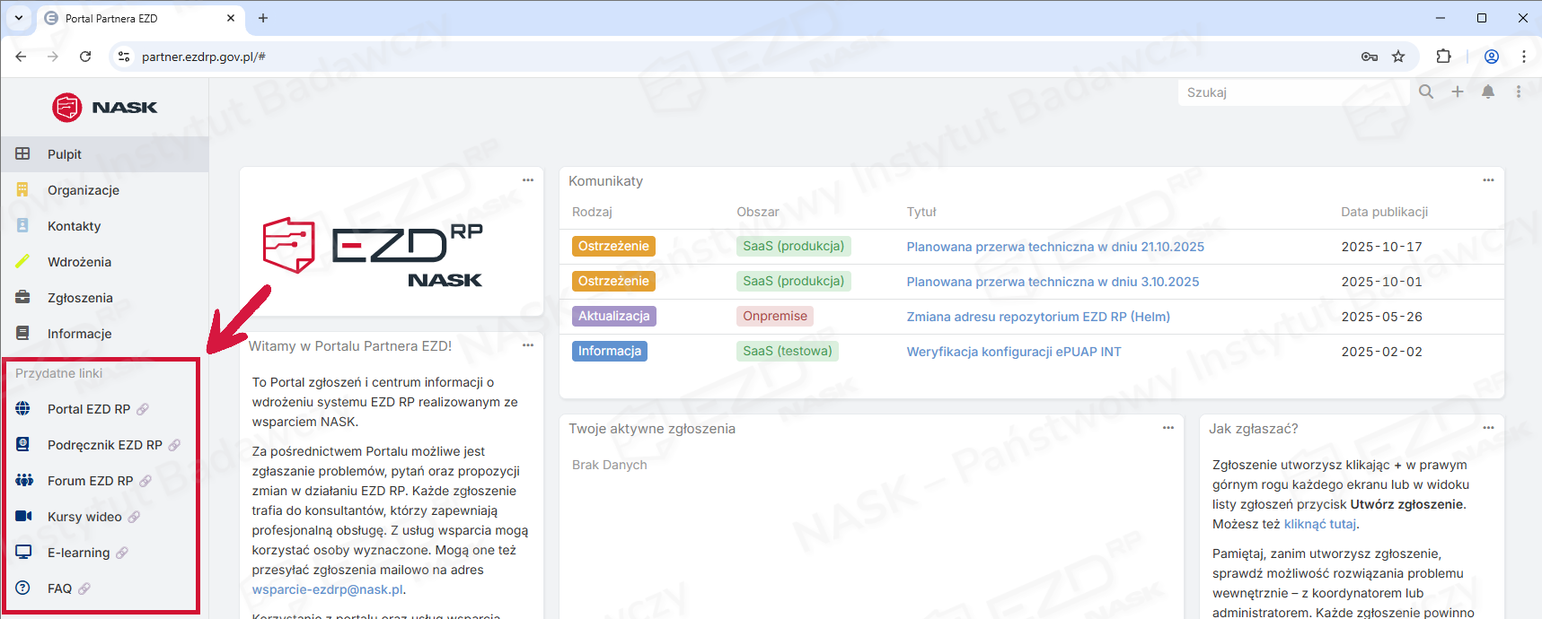 Zaznaczona część z linkami