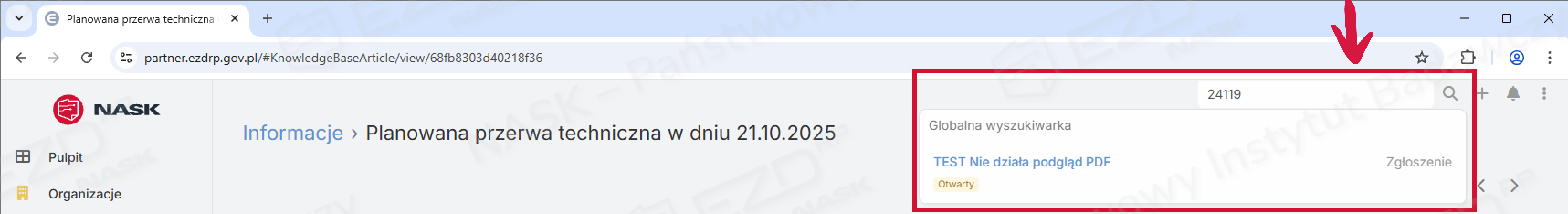 Wyszukiwarka z wpisanym numerem