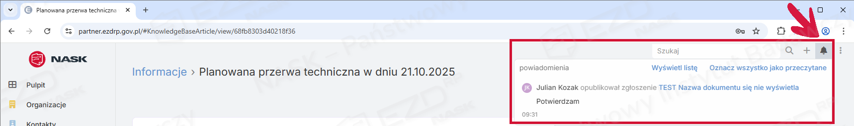 Zaznaczona ikona dzwonka
